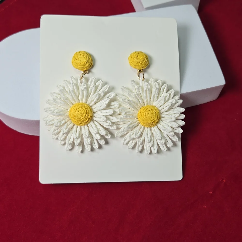 White Raffia Daisy Flower Earrings Boho Coastal Statement Spring Summer Jewelry
